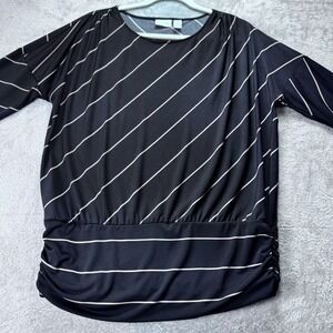 Chicos Black Striped Top Ruched Hem 3/4 Sleeve Stretch Size 2 Flattering Chic
